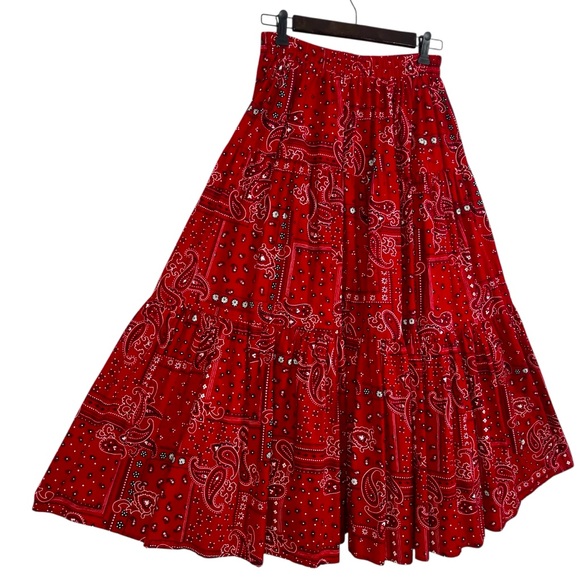 VINTAGE VRG SPORT Red Paisley Bandana Print Tiered Maxi Skirt Elastic Waist MED - Picture 6 of 12